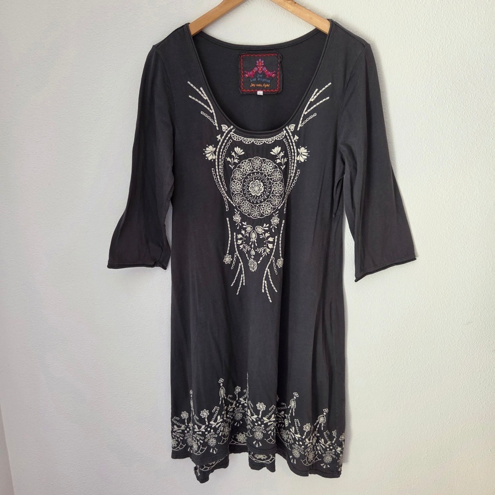 JW Los Angeles Johnny Was Charcoal Gray Embroidered Boho T-Shirt Dress 3/4 Slv L - Picture 2 of 10